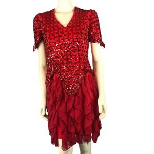 American Vintage Dollar Red Sequence layered ruffled party dress size small